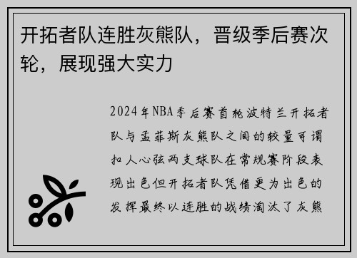 开拓者队连胜灰熊队，晋级季后赛次轮，展现强大实力