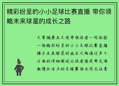 精彩纷呈的小小足球比赛直播 带你领略未来球星的成长之路